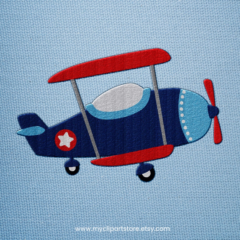 May include: A blue and red airplane with a white star on the side. The airplane has a propeller and wheels. The background is a light blue.