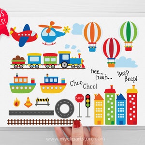 Transportation clipart with cars, trucks, and trains, and various other vehicles.