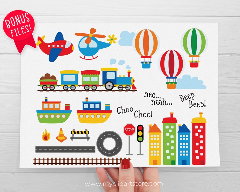 Transportation clipart with cars, trucks, and trains, and various other vehicles.