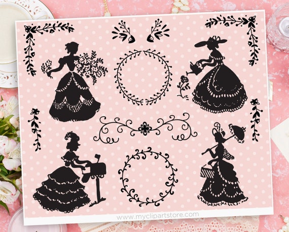 Victorian Girls Clip Art, Ladies Tea Party Invitation, Baroque Dress, Cameo Silhouettes, Mother's Day Printable, Digital Download Il_570xn