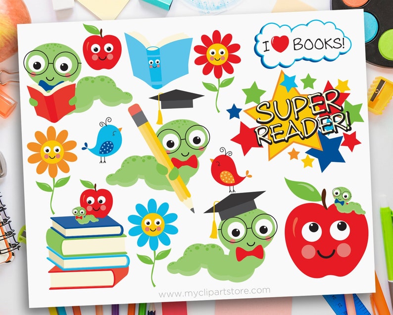 Graduation Bookworm Bookworm Clipart: Back to School, Graduation Design (digital Download ...