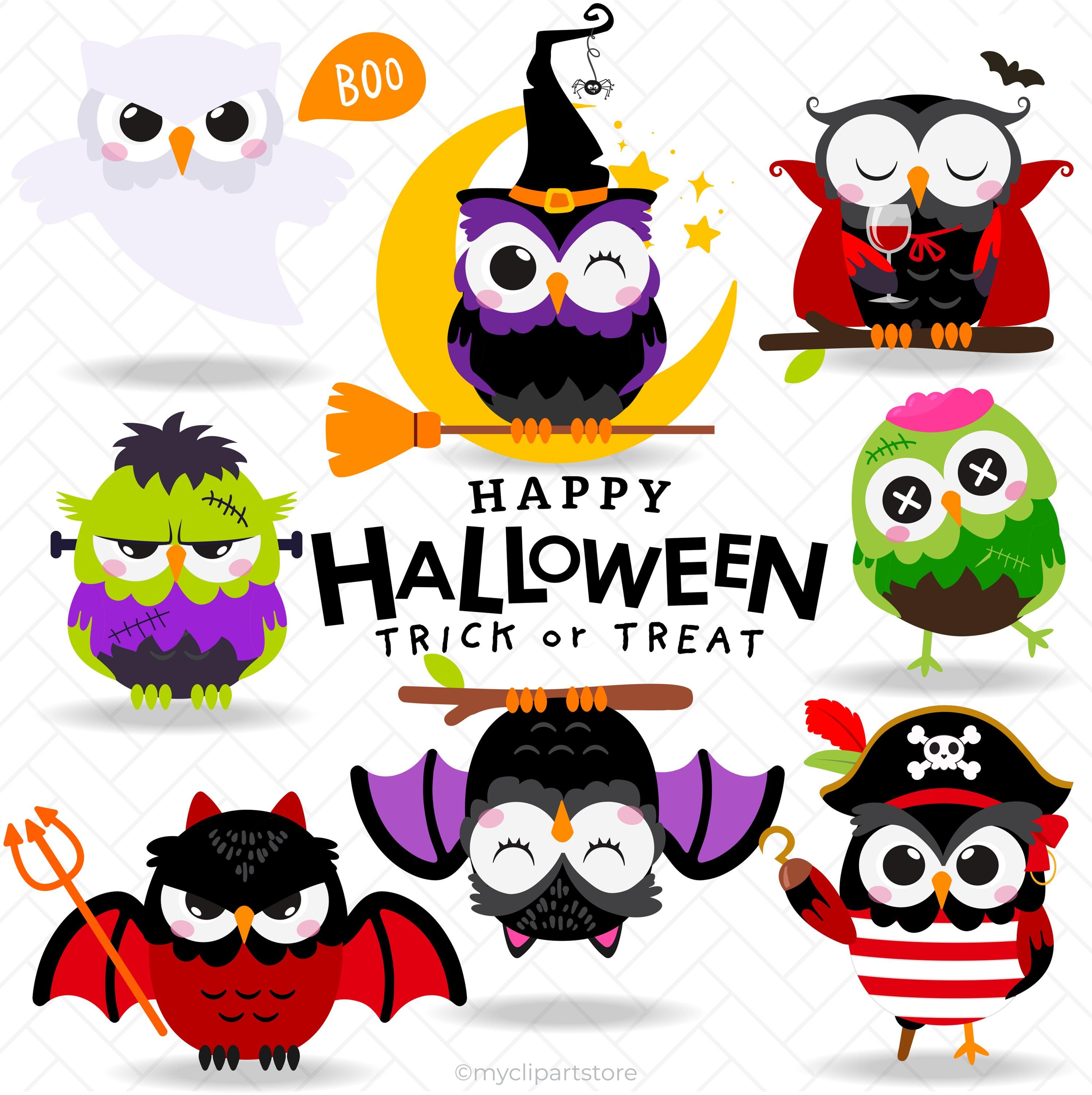 Halloween Owls Clipart, Vampire, Witch, Zombie, Pirate, Cute Halloween Characters - Digital Download