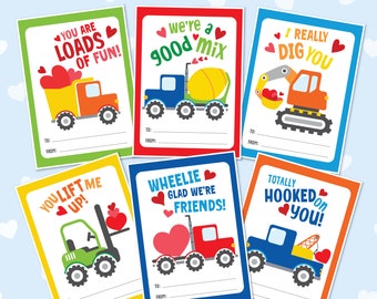 Printable Construction Valentine's Day Cards, Classroom Friendship Cards for Kids, Boy, DIY Valentine Gift Tag, Car, Truck, Digital Download