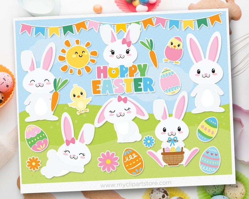 Easter Bunny, Hoppy Easter, Happy Easter Clipart, bunny, rabbit, easter egg hunt Digital Download Sublimation Design SVG, EPS, PNG image 1