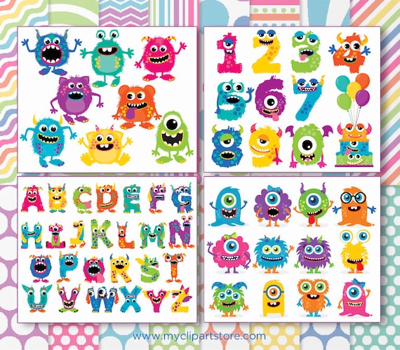 clipart bundle monsters monster alphabet party digital etsy
