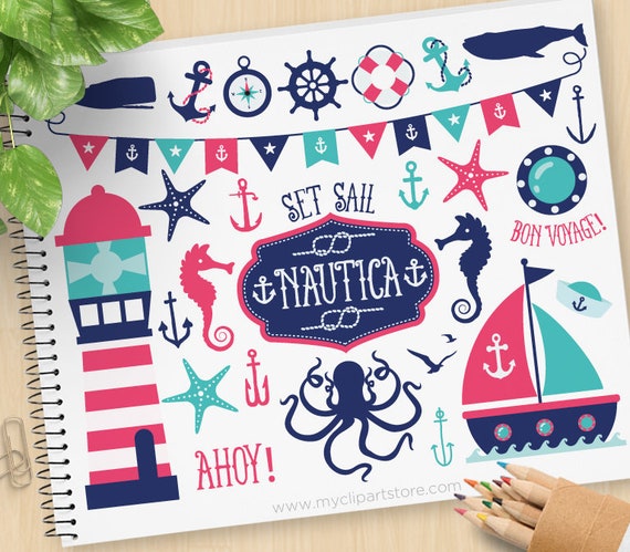 Nautical Girl Sailor Clipart, Marine, Sailing, Sailboat, Seagull, Sea Bird, Anchor, Pink Blue, Commercial Use, Vector Clip Art, HTV Il_570xn