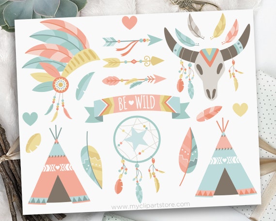 Tribal Boho Elements, Native American Indian, Wedding Clipart, Skull, Headdress, Teepee, Clip Art Commercial Use, Sublimation, HTV, SVG Il_570xn