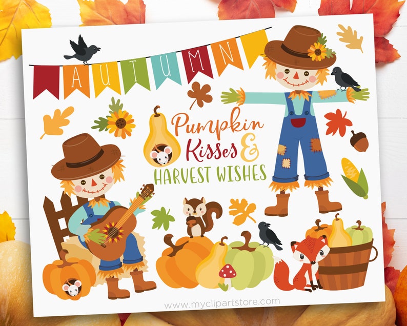 Fall Scarecrow Clipart, Autumn Animals, Harvest, Pumpkins, Wooden Barrel, Crow, Fox, Squirrel, image 1