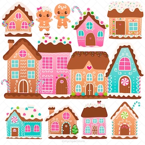 Clipart maison en pain d'épice, ville de Noël rose, cookie svg, maisons de bonbons, village d'hiver - téléchargement numérique | Sublimation | SVG, EPS, PNG
