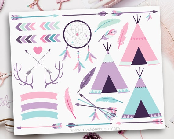 Tribal Girl Elements Clipart, American Indian, Pink and Purple, Bohemian Clipart, Dreamcatchers, Clip Art Commercial Use, Sublimation, HTV Il_570xn