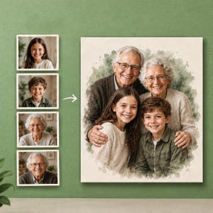 Puede incluir: Un retrato personalizado estilo acuarela que muestra a una familia de cuatro personas, incluyendo dos abuelos, una niña y un niño, junto a cuatro fotografías de referencia individuales de las mismas personas sobre un fondo verde sólido.