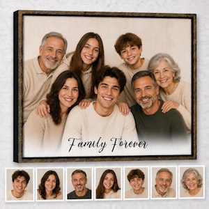 May include: A rectangular wall art print featuring a large group portrait of seven people smiling, with the text "Family Forever" printed at the bottom. Below the main image are seven individual headshot portraits of the same people.