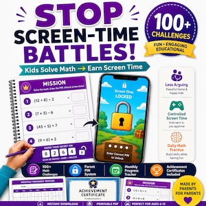 Puede incluir: Un sistema de desafíos matemáticos digital e imprimible que incluye una hoja de misión en espiral con ecuaciones, una pantalla de teléfono inteligente con un candado bloqueado, un rastreador de progreso mensual y un certificado de logro.