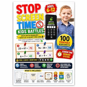 May include: A Stop Screen Time Kids Battles educational activity set featuring 100 printable maths worksheets. The poster displays maths problems, a digital keypad graphic, and a reward system for ages 6-12, including answer guides, progress trackers, certificates, and motivation cards.