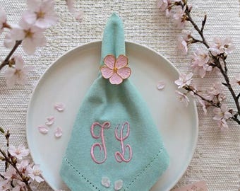 Personalized Mint Cotton Dinner Napkins, Embroidered Hemstitch Set, Custom Wedding Gift