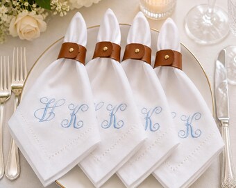Personalized Embroidered Cotton Linen Napkins, Set of 4, Hemstitch Dinner Table Linens