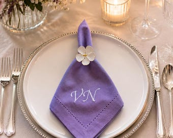 Personalized Purple Cotton Dinner Napkins, Set of 4, Custom Embroidered Hemstitch Table Linens