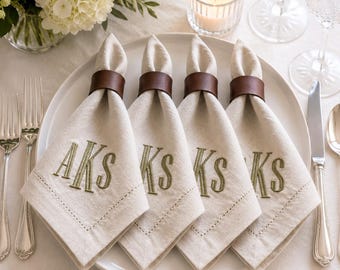 Set of 4 Personalized Monogram Napkins, Embroidered Cotton Linen Table Linens