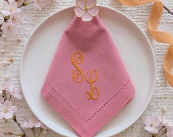 Personalized Pink Cotton Dinner Napkins | Embroidered Hemstitch Set (4)