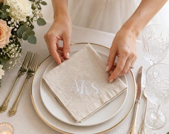 Set of 4 Monogrammed Cotton Linen Napkins, Custom 3 Letter Embroidered Natural Table Linens
