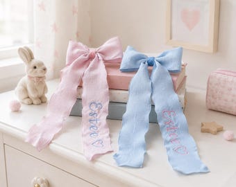 Personalized Embroidered Hair Bow Clips, Pink Blue Back to School Accessories