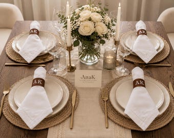 Personalized PU Leather Napkin Rings & Cotton Linen Napkins Set