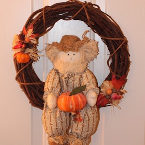 Scarecrow Grapevine Wreath with Pumpkin Autumn Leaves Fruit - Harvest Fall Thanksgiving Halloween