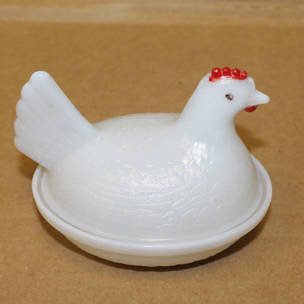 Vintage White Milk Glass Hen on Nest Covered Dish Red Comb Chicken Candy Trinket Dish 4 inch Anchor Hocking