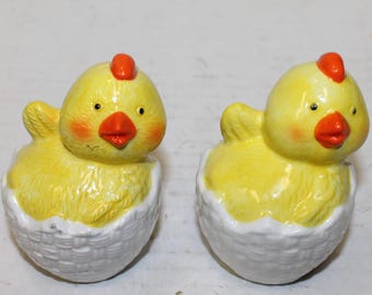 Vintage Chick Hatching Salt and Pepper Shakers Chicks in Egg Basket