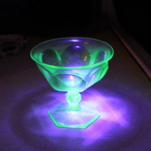 Vintage Uranium Glass Green Dessert Sherbet Bowls Dishes - Set of Two Antique Depression Glows under Black Light