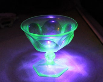 Vintage Uranium Glass Green Dessert Sherbet Bowls Dishes - Set of Two Antique Depression Glows under Black Light
