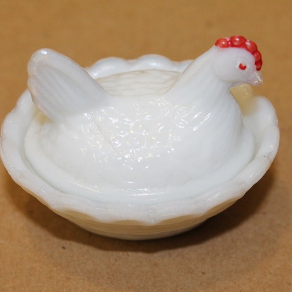 Vintage Westmoreland White Milk Glass Chick Salt Celler Hen on Nest 2 inch Red Painted Comb and Eyes