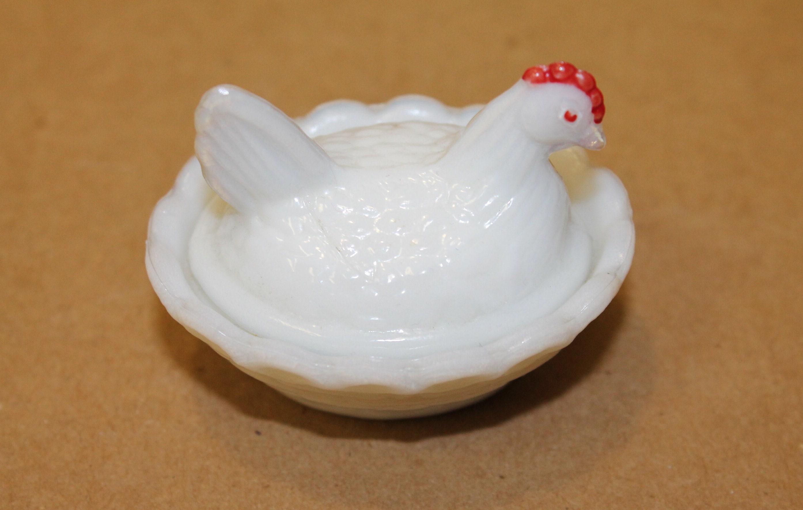 Vintage Westmoreland White Milk Glass Chick Salt Celler Hen on Nest 2 inch Red Painted Comb and Eyes
