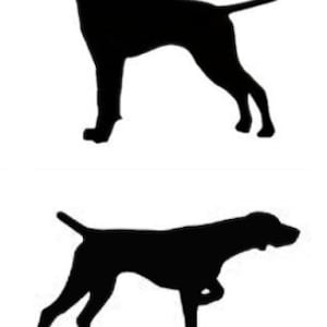 Könnte beinhalten: Zwei schwarze Silhouettenbilder von Deutsch Kurzhaar. Das erste Bild zeigt den Hund stehend mit dem Schwanz gerade ausgestreckt. Das zweite Bild zeigt den Hund stehend mit dem Schwanz eingerollt und dem rechten Bein angehoben.