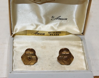 Vintage Anson Cufflinks Set Quality Plate Gold Tone with Box Made in USA