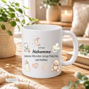 Könnte beinhalten: Eine weiße Keramiktasse mit Illustrationen von einem Stethoskop, einer Mondsichel, einem Schnuller, einem Babyfläschchen, einem Herz, Fußabdrücken und einem Teddybären. Der Text lautet: Ich bin Hebamme kleine Wunder, lange Nächte, viel Kaffee.