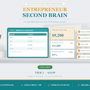 Entrepreneur Second Brain Google Sheets / Monitoraggio automatico dei profitti, CRM clienti e dashboard aziendale / Download digitale