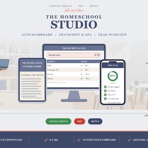 Homeschool Studio All-in-One Google Sheets | Auto Transcript & GPA, Attendance, Year Overview + 3 Bonuses
