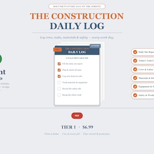 May include: A printable PDF construction daily log document featuring a checklist for site reports, tasks, crew hours, materials, and safety. The layout includes orange and blue text headers, a green checkmark icon, and a list of six key features.