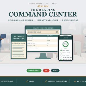 May include: A digital reading command center dashboard displayed on a computer monitor, tablet, and smartphone. The interface features text including THE READING COMMAND CENTER, BOOKS THIS YEAR, and LIBRARY. It includes Google Sheets, PDF, and bonus icons.