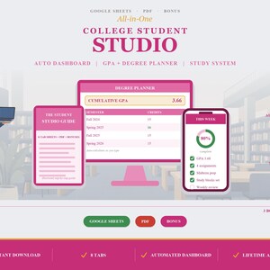 Pannello di controllo per studenti su Google Sheets / Pianificatore universitario tutto in uno, monitoraggio automatico della media dei voti e del percorso di studi (download digitale)