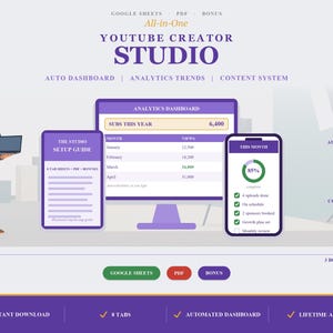 Dashboard per creatori di contenuti YouTube in Fogli Google / Sistema completo per la pianificazione, l'analisi e la gestione dei contenuti del canale (download digitale)
