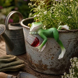 Könnte beinhalten: Eine grüne Froschfigur mit gelben Augen, die auf dem Rand eines verwitterten Metallpflanzgefäßes sitzt. Der Frosch hält ein kleines, klares Glas mit einer dunkelroten Flüssigkeit, die an Wein erinnert, in der Hand und lehnt sich an.
