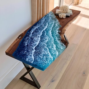 Live Edge valnötskonsolbord i epoxi, Ocean Wave-harts, hallmöbler