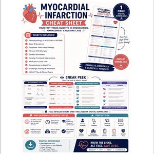 May include: A digital educational cheat sheet titled Myocardial Infarction Cheat Sheet, featuring a red heart illustration, a list of included topics like pathophysiology and ECG changes, a sneak peek of charts, and nursing student benefits.