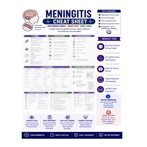 Może przedstawiać: Ściąga z zapalenia opon mózgowych, infografika edukacyjna z diagramem ludzkiego mózgu, tekstem medycznym oraz uporządkowanymi sekcjami dotyczącymi przyczyn, objawów i leczenia. Zawiera listę funkcji oraz ikony dla studentów pielęgniarstwa.