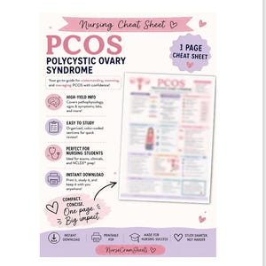 May include: A digital nursing cheat sheet for PCOS, Polycystic Ovary Syndrome, featuring a pink and white layout with icons for brain, clipboard, stethoscope, and printer. The text includes Nursing Cheat Sheet, 1 Page Cheat Sheet, and NurseCramSheets.