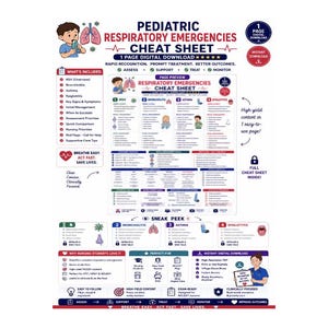 May include: A digital cheat sheet titled Pediatric Respiratory Emergencies Cheat Sheet, featuring sections on RSV, bronchiolitis, asthma, and epiglottitis. The document includes medical illustrations, clinical assessment guidelines, and management protocols.