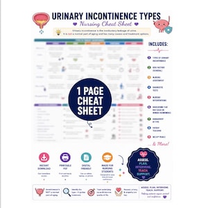 May include: A nursing cheat sheet titled Urinary Incontinence Types, featuring a central 1-page cheat sheet label, medical illustrations of bladders, and a list of topics including risk factors, nursing assessment, diagnostic tests, and interventions.