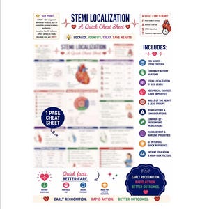 Op de afbeelding: Een STEMI-lokalisatie spiekbriefje met medische hartdiagrammen, informatie over ECG-afleidingen en klinische richtlijnen. Het document bevat secties over de anatomie van de kransslagaders, risicofactoren en verpleegkundige prioriteiten.